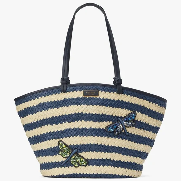 NWT! $378 kate spade Shore Thing Dragonfly Embellished Striped Straw Large Tote - Picture 3 of 17